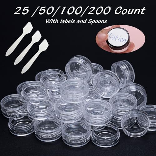 50 Count 3 Gram Sample Containers, Clear Lip Balm Containers with Lids, Small Plastic Sample Jars with 4 Mini Spoons, 50pcs Labels (Clear Lid)4