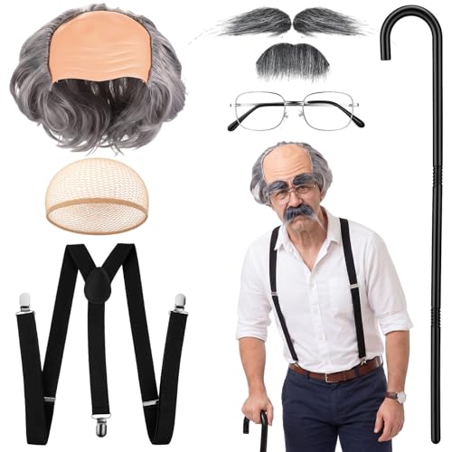 Rivvlive 6 Pcs Old Man Costume Set Old Man Wig Hairnet Eyebrows Mustache Glasses Suspender Cane for Grandpa Halloween Cosplay (Grey)