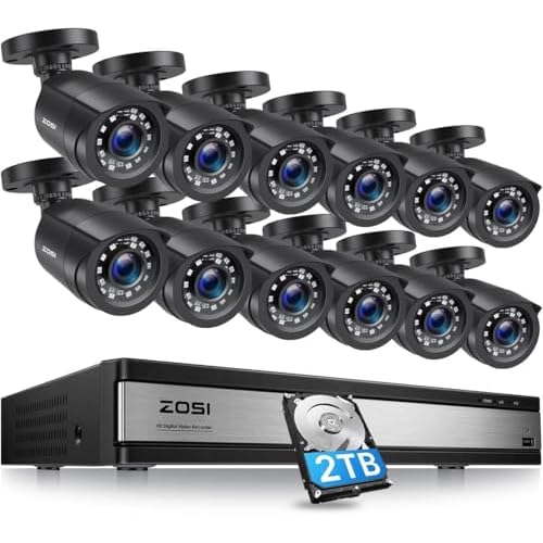 ZOSI 16CH 1080P Home Security Camera System with 2TB HDD,12 x Wired 1080P Outdoor Indoor Weatherproof Cameras,H.265+ 16 Channel DVR Security System,Motion Detection,Mobile Remote Control,Ema