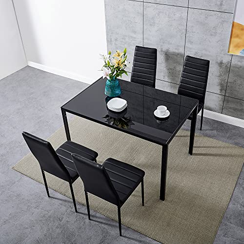 Image of Panana Dining Table and Chairs, Set of 4. Tempered Glass Dining Table with 4 PU Leather Dining Chairs. Dining Room Table Sets for Home and Kitchen Furniture (Black, 120x80x75cm)