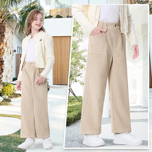 Image of Rolanko Girls Wide Leg Corduroy Pants High Waist Trousers Vintage Kids Pants Streetwear Casual 4-12 Years