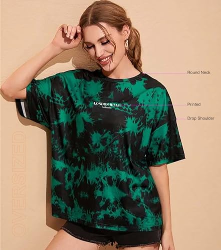 Image of London Hills tie dye Tshirt for Women Oversized t Shirts for Women Drop Shoulder Tshirt Pure Cotton Half Sleeve T-Shirt Green Black
