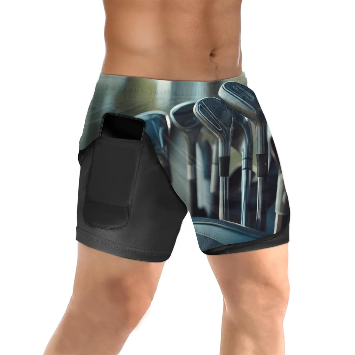 Mens 2 in 1 Running Short Golf Clubs Pattern Gym Athletic Sport Shorts for Men with Liner Phone