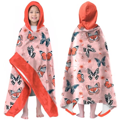 Image of Butterfly Print Girls Beach Towel with Hoodie for Kids Toddlers Age 4-8, Colorful Bath Towels Shower Wrap for Girls, Hooded Poncho Beach Blanket for Pool Swimming Cute Wearable Bath Towel for Child