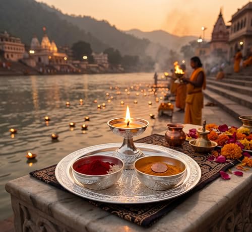Image of KridayKraft Silver Plated Pooja Thali Set with Swastik Design - Includes Diya and 2 Bowls for Puja, Diwali, and Gifting (19 cm Plate, 110g)