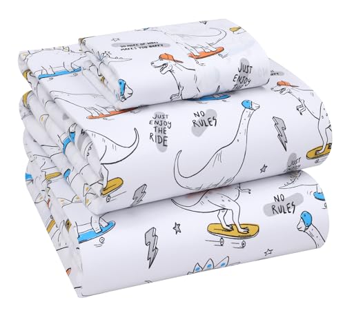 RUVANTI 100% Cotton Twin Sheets Set, 3 Pieces, Soft & Breathable Percale Weave Bedding, Deep Pocket 16", Hotel Standard, Crisp Cool Feel, Durable, Perfect Floral Bed Sheet, Dino