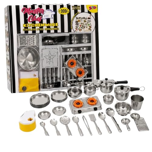 35+ Pieces Stainless Steel Kitchen Play Set for Kids | Pretend Play Cooking Utensils Toy Set with Mini Gas Stove & Cookware-image-20