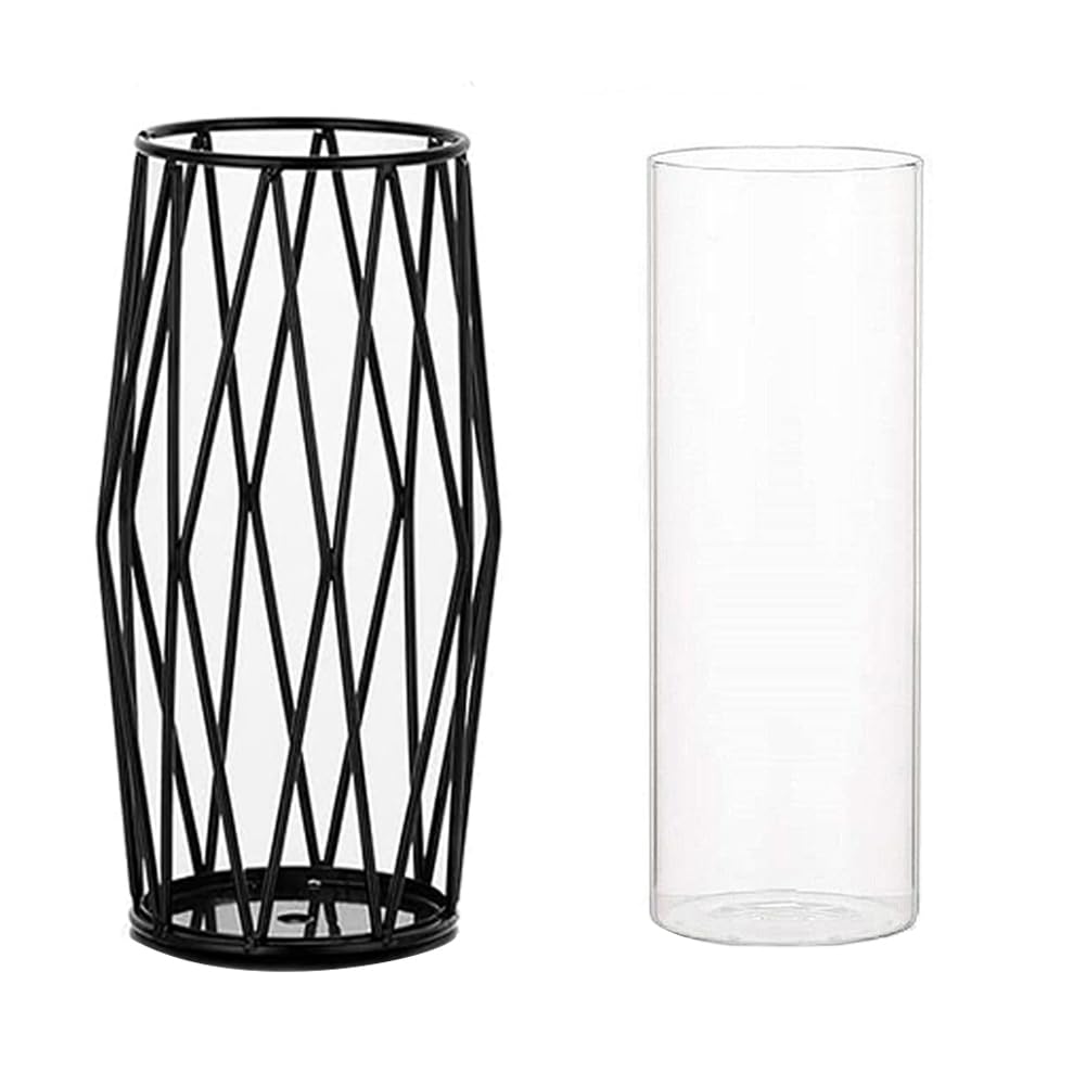 Florero de Vidrio con Soporte Metálico - Jarrón de Diseño Geométrico para Plantas Hidropónicas y Flores, Ideal para Centros de Mesa en Bodas y Decoraciones Interiores - Negro, 22 cm