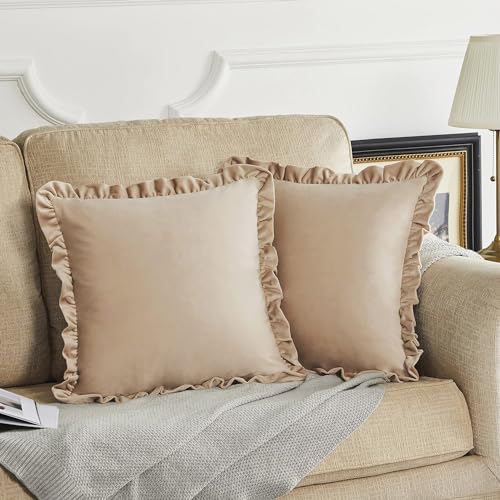 Image of Velvet Beige 24x24 Pillow Covers, Set of 2 Decorative Ruffle Cushoin Pillow Covers for Sofa Couch