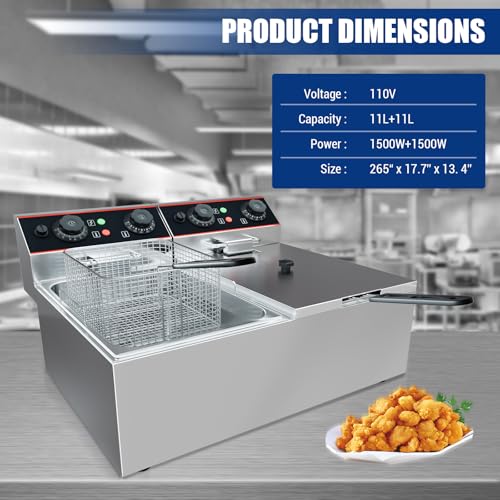 Commercial Deep Fryer, 23 QT Electric Deep Fryer with Double Basket and Lid, Stainless Steel Deep Fryer with Independent Temperature Control for Restaurant or Home Use, 1500W+1500W