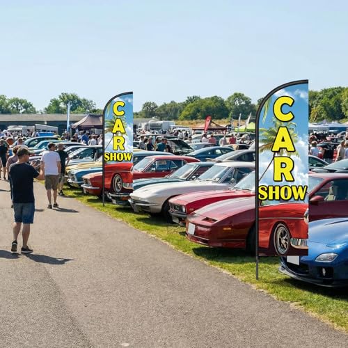 Image of Remagr 2 Pack Car Show Feather Flag 7 ft Advertising Swooper Flag Sign Windless Car Show Feather Banner with Pole Kit and Ground Stake for Businesses Outside Ground