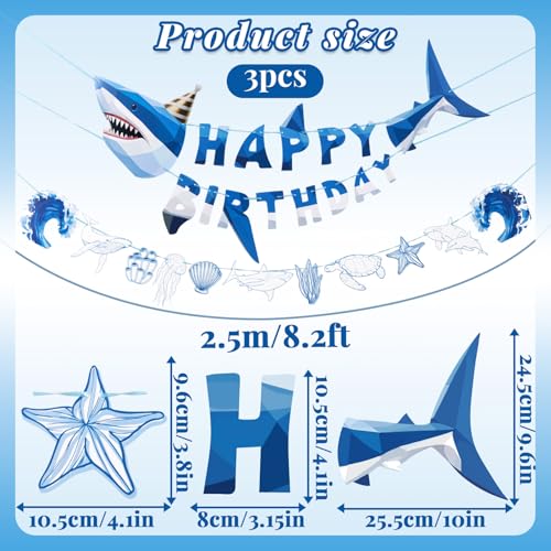 Image of SUNBEAUTY Shark Birthday Party Decorations Shark Happy Birthday Banner Ocean Theme Hanging Shark Garland Under The Sea Pre-strung Shark Birthday Banner for Boys Baby Shower Beach Summer Pool Party（Blue）