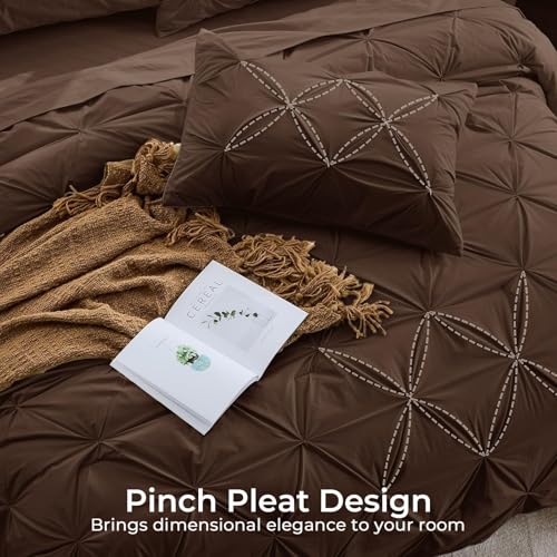 Image of Sasttie King Size Comforter Set, 7-Piece Bed in a Bag, Pintuck Bedding Set for All Season, Includes Comforter, Flat Sheet, Fitted Sheet, Pillowcases and Pillowshams, Dark Brown