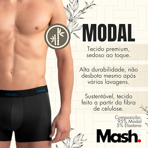 Kit 5 Cuecas Boxer Modal Tecnologia Low Pilling Elástico em Relevo Mash Masculino | 5 Preto | G