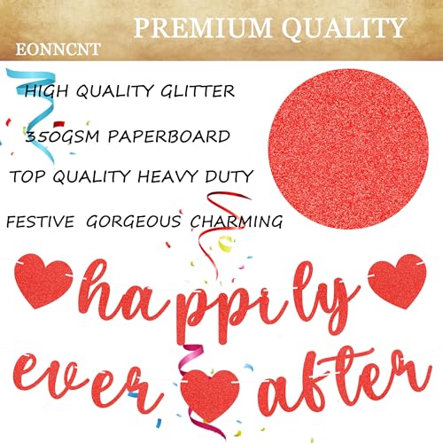 Image of Pre-Strung Happily Ever After Banner - Red Glitter Bachelorette Bridal Engagement Party Decoration Supplies, Bachelorette Wedding Party Banner for Bridal Shower or Engagement Party Photo Booth Props