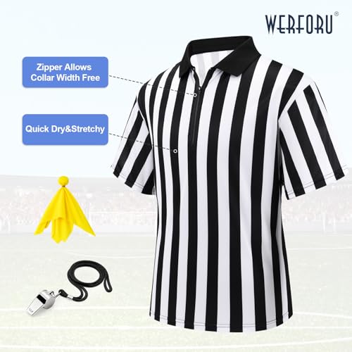 WERFORU Referee Costume Set for Unisex,Zipper Ref Stripe Shirt Penalty Flag and Whistle for Football Sports Halloween Cosplay
