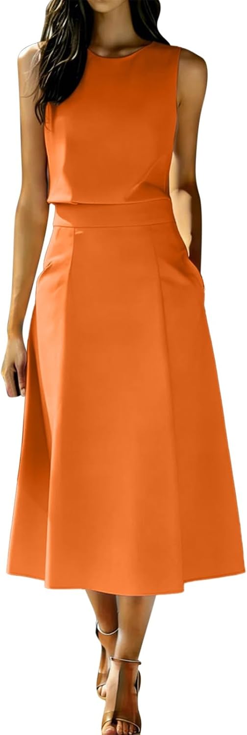 Women Elegant 2 Piece Set Sleeveless Top and A-Line A Line Midi Skirt Outfit Work Office Party Sets with Pockets