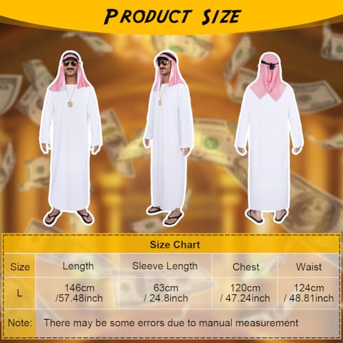 BSBUY Kostüm Arabischer Scheich 4Pcs Scheich Kostüm Herren mit Weißes Arabisches Gewand kariertes Kopftuch Brille und Bart Sheikh Araber Cosplay Faschingskostüme Scheich Arabo Costume Verbesserter 2.0