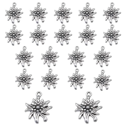 OUDQFCJ 20 PCS Anhänger DIY Selfmade Kinderschmuck Damen- und Herrenschmuck Unisex Kinder Erwachsene, Blätter und Blüten (antik Silberfarben) (Edelweiß) oktoberfest oktoberfest deko