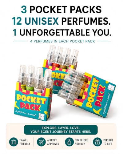 Image of 3 Pocket Pack Unisex Mini Perfume Combo, 12 Fragrances x 5ml | 12 Unisex Fragrances, 3 Pocket Packs, Travel Friendly, 25% Oil Concentration