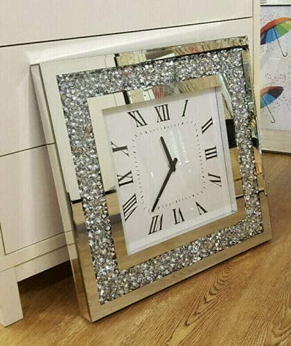 Biznest Silver Crushed Diamante Modern Crystal Mirror Glass Square Wall Clock 45Cm