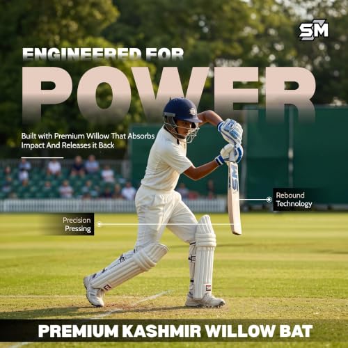 Image of SM Core Kashmir Willow Cricket Bat | Wooden Cricket Bat | Massive Profile | Super Thick Edges | Rebound Technology | Superlight Pickup | Cricket Bat for Boys Age 12-14 Years | Size 6