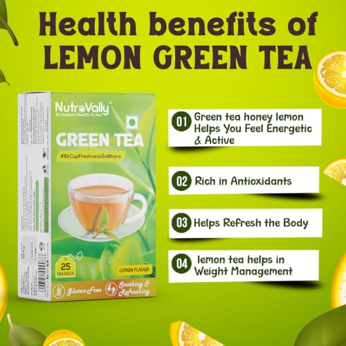 Image of NutroVally Green Tea|Refreshing Lemon green tea|Improves Metabolism & Reduces Fat||25 tea bags|100% Pure & Authentic|Lemon tea bags|No Artificial Flavour|Rich in Antioxidants|Lemon tea