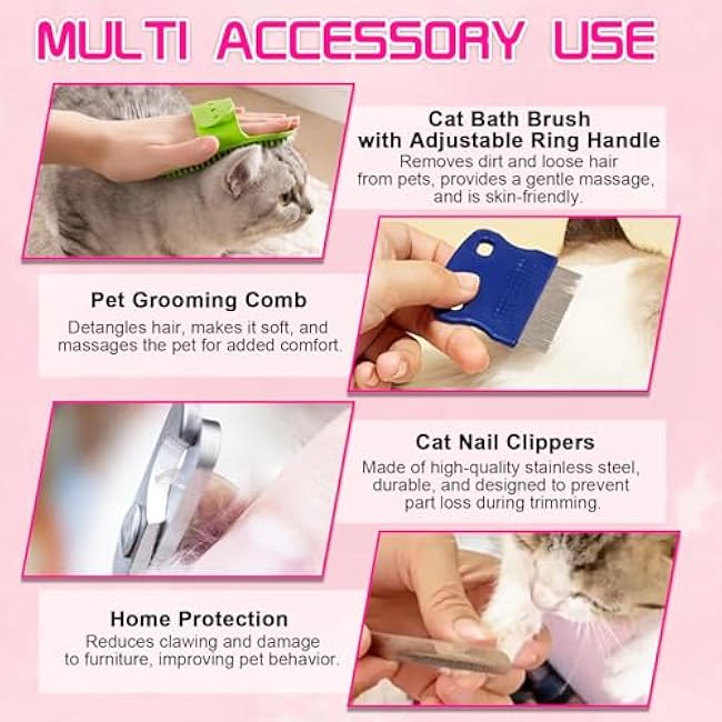 FANOVO Cat Bathing Bag, Anti-Scratch & Anti-Bite Adjustable Mesh Cat Shower Bag with Nail Clipper, Grooming Comb, Bath Brush & Nail File, Breathable Cat Washing Bag for Bathing, Nail Trimming-MIRjIB02