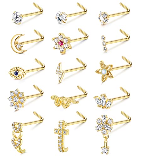 Adramata 15 Pcs 20G Piercing Nez Anneau de Nez pour Femme Homme Piercing Nez en Acier Chirurgical L/Vis en Forme de Serpent Fleur Clous de Nez Argent Or Piercing au Nez...