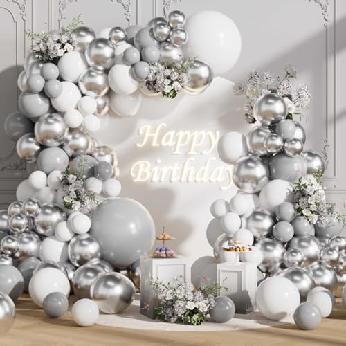 Image of White and Silver Balloons Arch Kit 155Pcs 18 10 5 Inch | Gray Grey White Metallic Silver Different Sizes Latex Garland Birthday Anniversary Wedding Bridal Shower Party Decorations