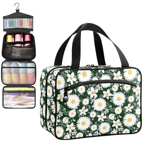 YNNALE Sewing Supply Organizer Bag, Daisy Bee Floral Gark Green White Portable Sewing Bags with Pockets&Hanger, Sewing Storage Box Case for Sew Supplies/Kit/Tools/Accessories (BAG ONLY)