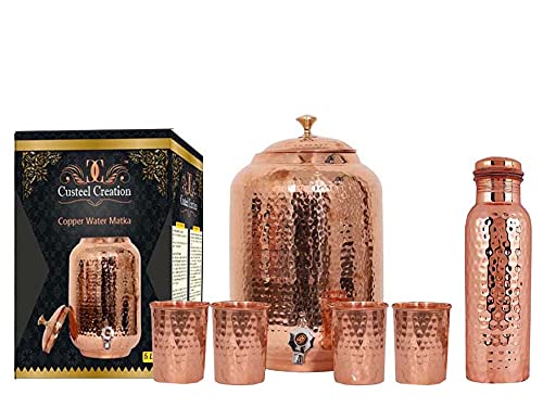 Pure Copper Drinkware Set - Copper Water Pot 5 Liter - 4 Glass 1 Bottle Copper Water Container