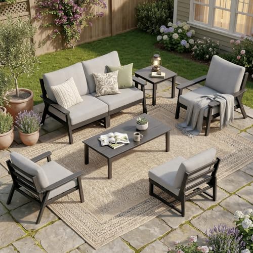 Image of LOUNZY HDPE Outdoor Furinture Set, 7 Piece Sectional Sofa Patio Furniture Set, All Weather Outdoor Couch Set Patio Furniture Set for Deck, Lawn, Black