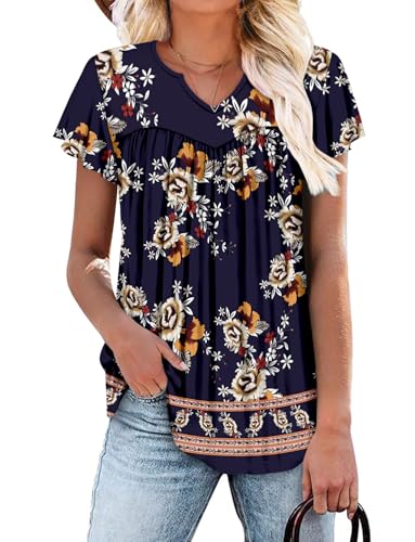 KISSMODA Tops for Womens Summer Cute Short Sleeve Shirts Trendy Notched Neck Blouses Casual Loose Pleated Tunics S-3Xl