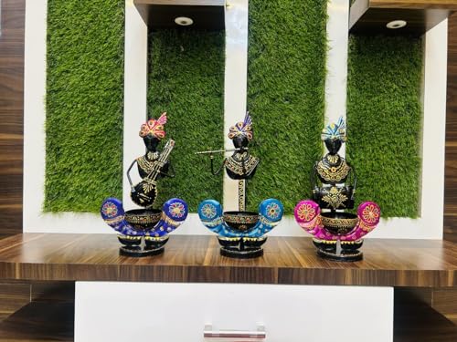 Image of OVIK Metal Multicolor Musician Set of 3 with T-Light Stand Playing Musical Instrument Idol Handpainted Figurine Showpiece for Home Decor Tv Unit Living Room Office Decor (Each Size 7x12 Inch)