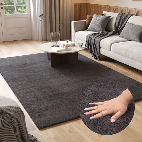 TAPISO Cuddle Teppich Hochflor Langflor Anthrazit Dunkelgrau Shaggy rutschfest Waschbar Wohnzimmer...
