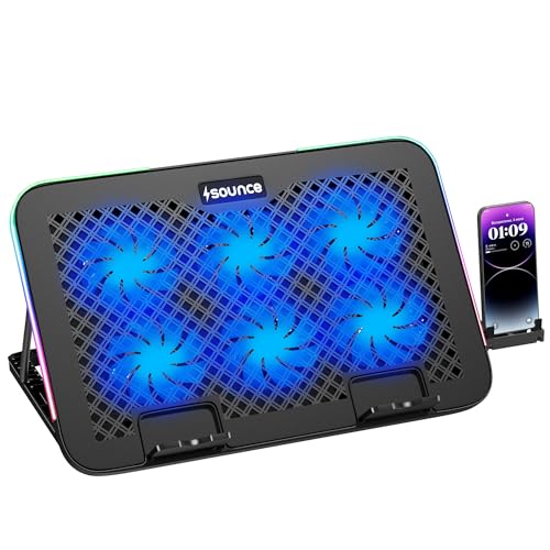 Image of Sounce Snowstorm Pro Laptop Cooling Pad | 6 High-Speed Fans | 7 RGB Modes | Adjustable Height | Quiet 1800-2400 RPM Operation | Dual USB Ports | Fits Laptops up to 17.3 Inches