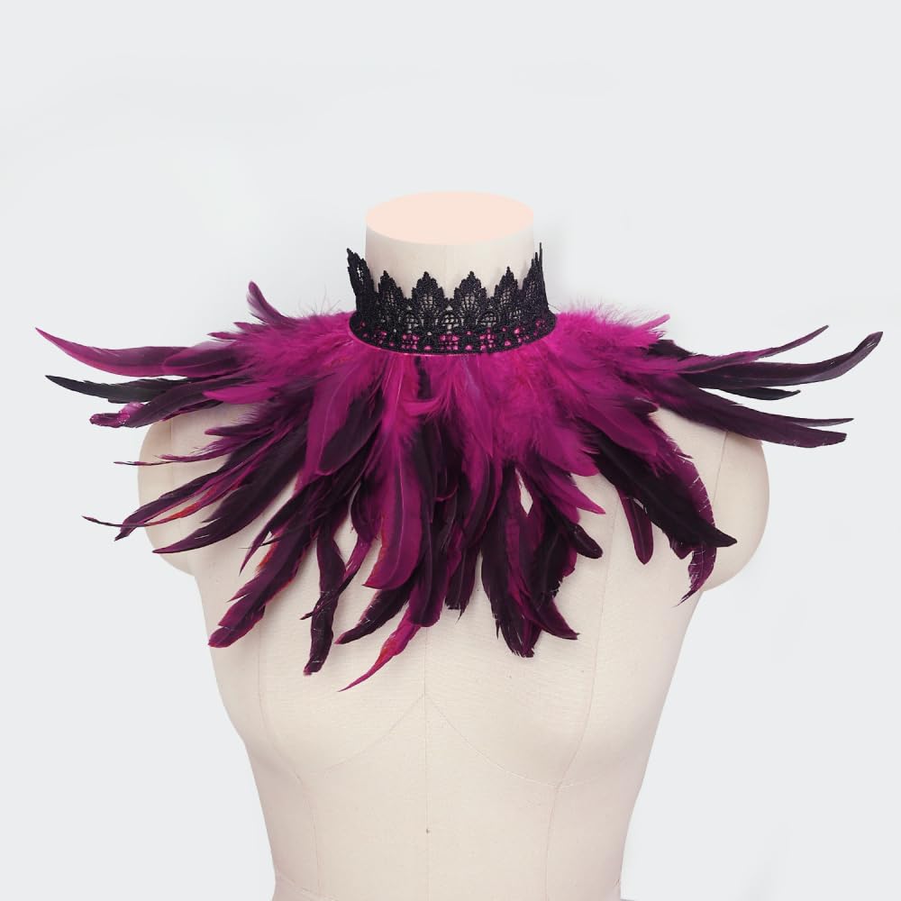Anevous Feather Shrug Shawl Collar Women's Gothic Collar Feather Collar Shoulder Cape Scarf Costume Feather Epaulet Shrug for Halloween Cosplay Party Clothing Fancy Dress Carnival Rose Red - Image 2