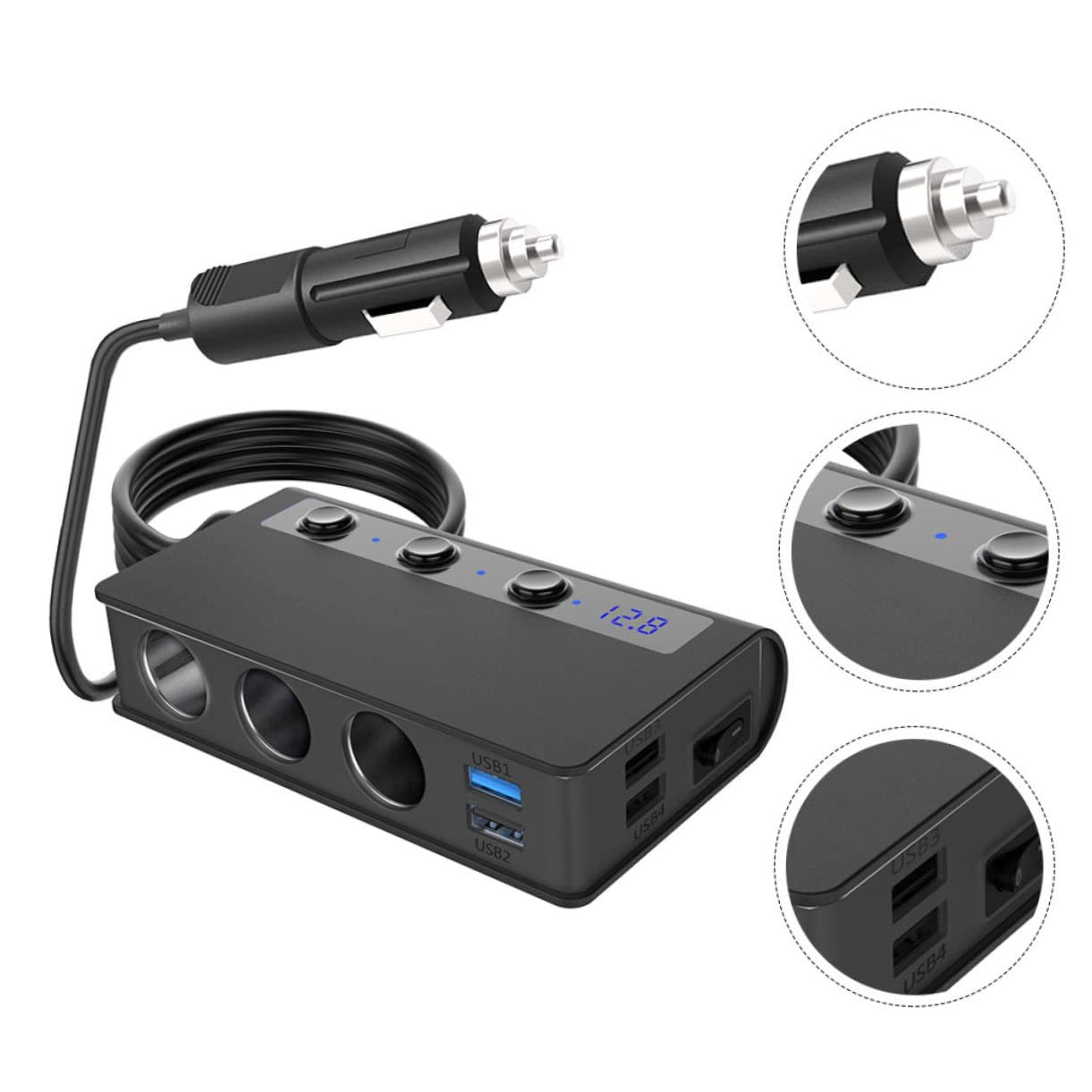 SEWACC Adaptador de Cargador para Coche 180 W, 12 V-24 V, 4 Puertos USB y 3 Tomas para Mechero, Interruptor Independiente