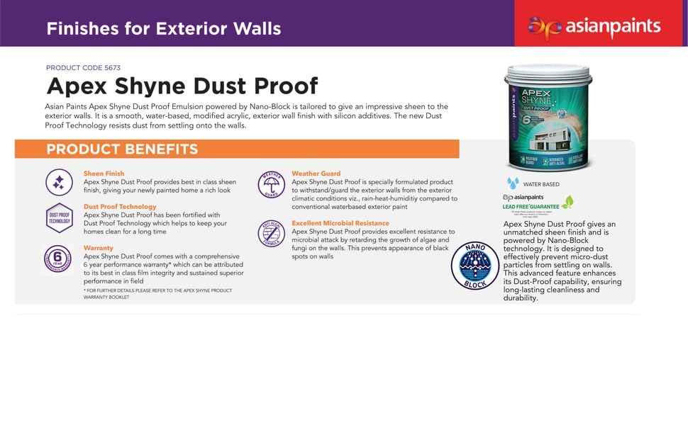 Image of Asian Paint APEX SHYNE Classic White Exterior Paint with Dust Proof & Anti-Algal Technology, Lead-Free, Low VOC, Premium Water-Based Finish (1L) White