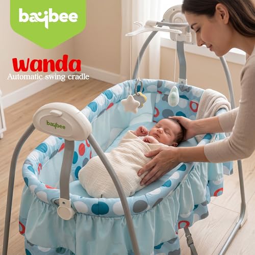 Image of BAYBEE Wanda Electric Swing Cradle for Babies | Automatic Cradle for New Born Baby with 6 Speed Control, Mosquito Net, Toy Bar & Music | Jhula for Kids | Baby jhula for 0 to 2 Years (Blue)