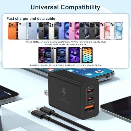 Image of 65W USB C Super Fast Charger Block,100W Charging Station Adapter with 3ft /6ft /10ft Type C Cable Cord Long for MacBook Pro /Air /iPhone 17 16 15 Pro Max /Samsung Galaxy S26+ /S25 /S24 /S23 /S22 /S21 Ultra /Plus