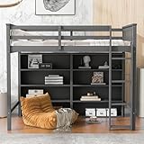 Twin Loft Bed with 8 Storage Shelves, Wooden Loft Beds Frame with Bookcase, High Loft Bed with Ladder for Kids Boys Girls Teens, Grey