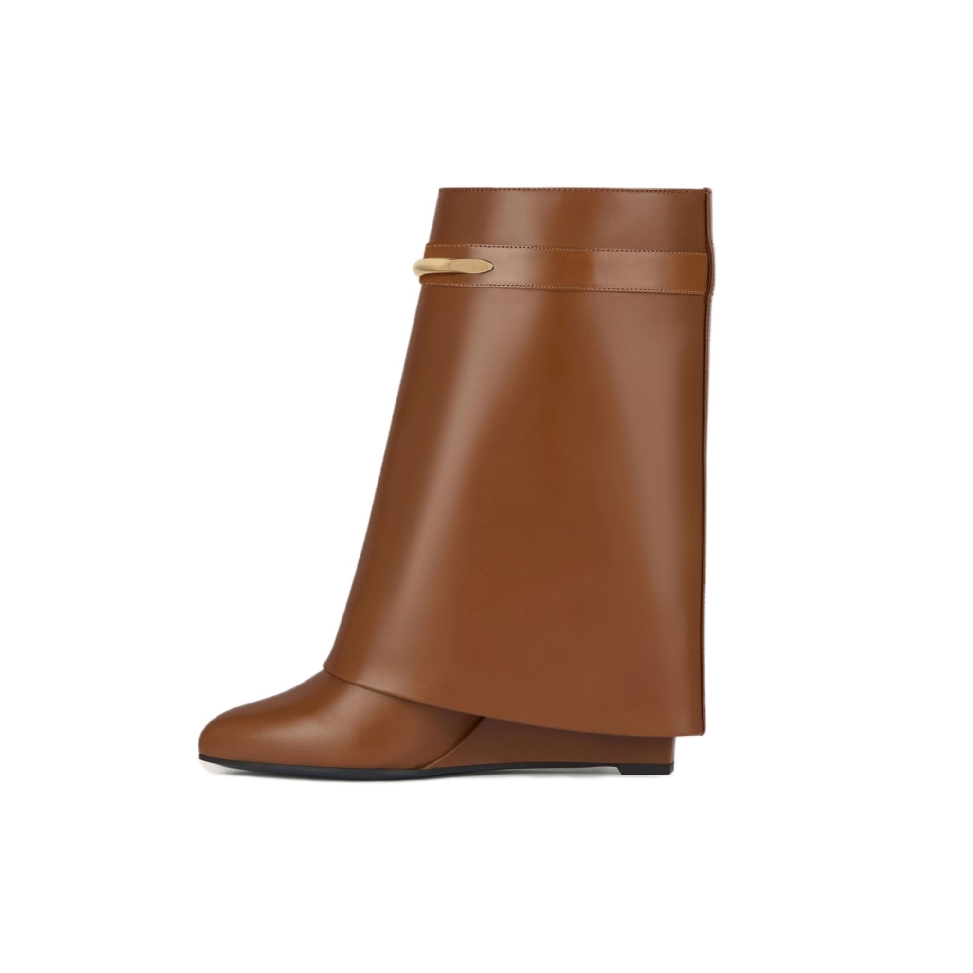 Womens Shark Boots Mid Calf Wedge Boots Fold Over Pull On Boots with Hidden Wedge Heel Fashion Mid