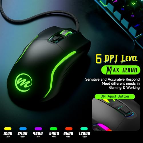Image of memzuoix Wired Gaming Mouse with RGB - 6 Adjustable DPI up to 12800, 6 Buttons, 12 Lighting Modes, Ergonomic Design with Anti-Slip Rubber Wheel, 5.6ft Braided Cable for PC /Mac /Windows - Black