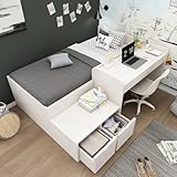 Dolamaní Cama individual de 90 x 200 cm con escritorio y cajones, cama con espacio de almacenamiento y somier de láminas para niños, adolescentes y adultos, sin colchón (blanco)