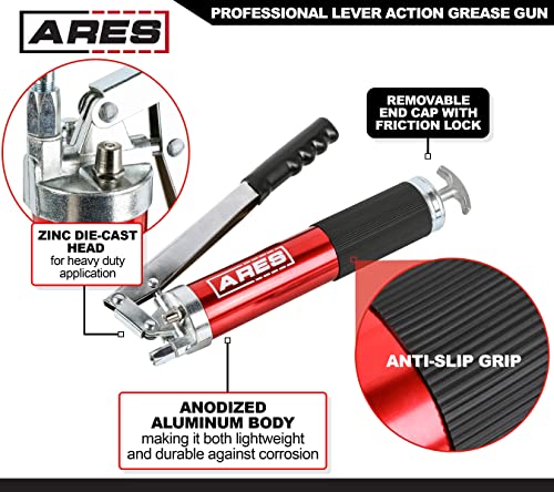 Image of ARES 53013 - Professional Lever Action Grease Gun - 400cc Bulk and 14 Ounce Cartridge Loading - 4500 PSI Working Pressure Rating - 18-Inch Flex Hose and 6-Inch Offset Extension