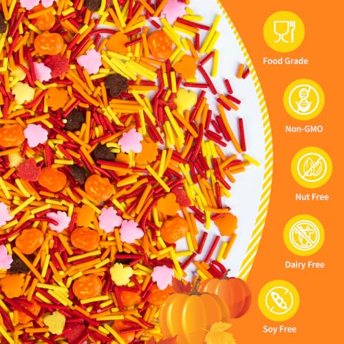 Image of Fall Party Edible Maple Leaf Pumpkin Jimmies Sprinkles,Halloween Decoration | 130g,Cakes Cookies Cupcakes Topper,Thanksgiving,Graduation Birthday Party Baking Decorating,Themed Holiday Dessert Supplies