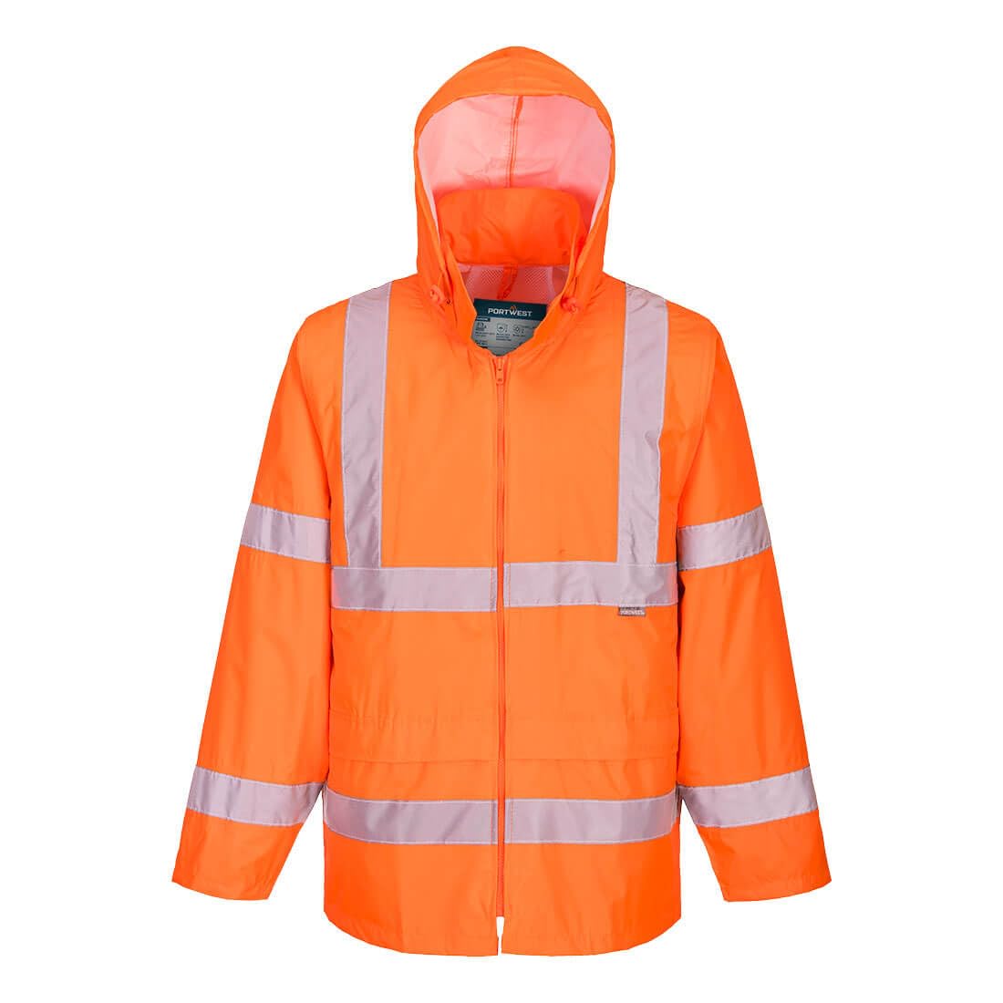 Portwest H440 Waterproof Hi Vis Rain Jacket Mens Reflective Protective Wear Lightweight Hooded Work Coat Breathable Safety Jacket Bio Motion Tape Two Lower Pockets, Orange, XXL