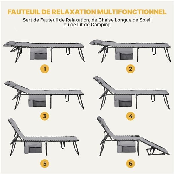 Yaheetech Chaise Longue Pliante Bain de Soleil Transat Jardin Exterieur 189x57x38 cm Dossier Inclinable 5 Positions Lit de Camping pour Plage Piscine Terrasse Relax Détente en Plein Air Gris